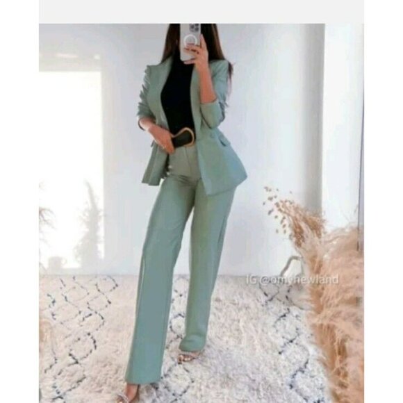 Zara Jackets & Blazers - Set ZARA WOMAN FAUX LEATHER STRAIGHT LEG PANTS BLAZER SEA GREEN | 9640/023 XS